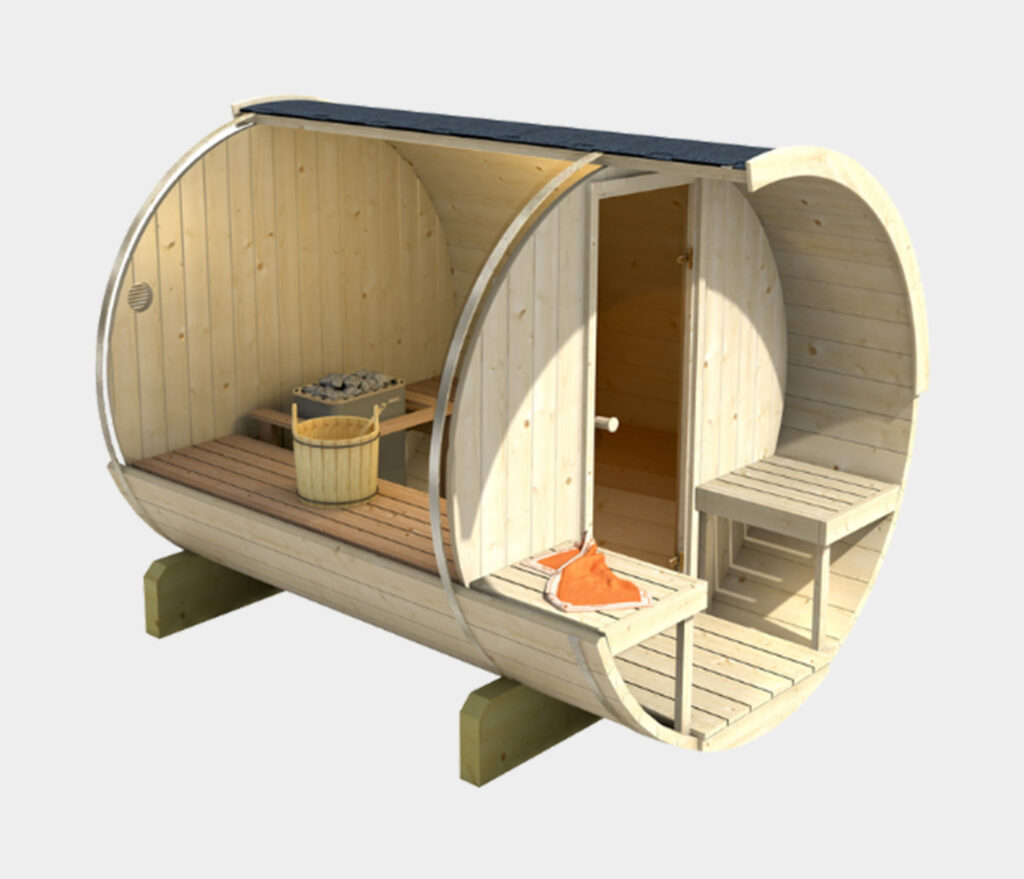 Barrel Sauna 280, bastutunna från Hanscraft. Bygg en fristående bastu utomhus med plats för 4-5 personer. Bastun levereras färdigmonterad eller i byggsats